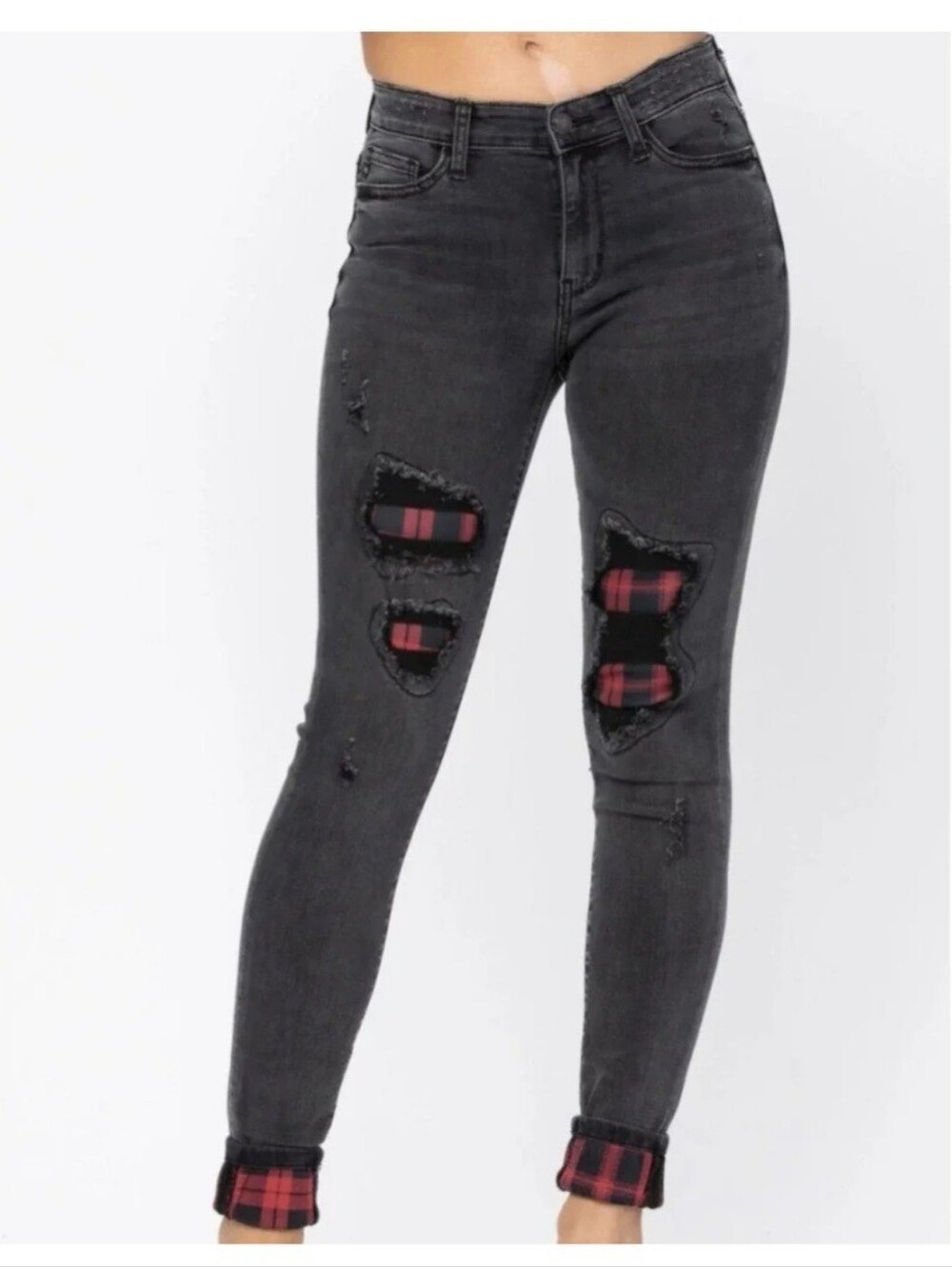Judy Blue Skinny Fit Jeans Black Distressed Buffalo Plaid Detail Size 15/32